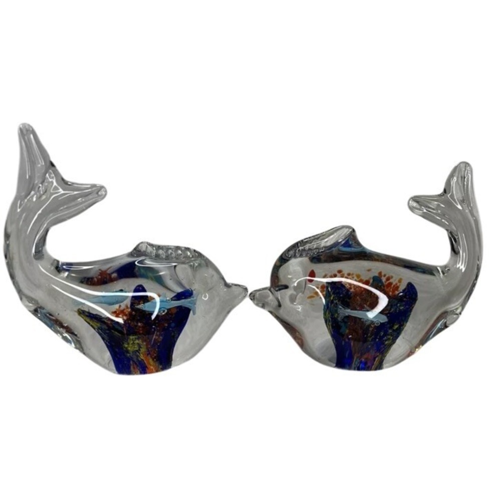 VTG Murano Style Pair Of 2 Fish Blown Art Glass Paperweight Block Colorful